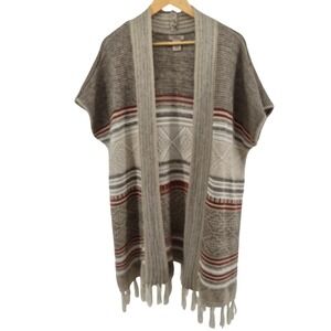 Fresh Womens Geometric Pattern Knit Vest Cardigan Fringe Brown Sz L Boho Western